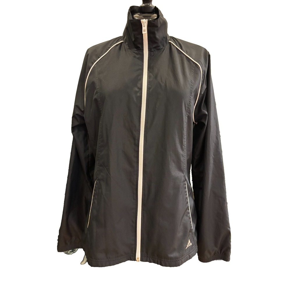 Climate lite Adidas black rain coat white trim 3 stripes on back spellout Medium